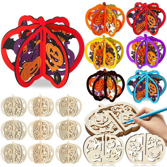 Yalikop 72 Pcs Halloween Wooden Crafts Kits Set 24 Pumpkin DIY 3D Unfinished Wood Slices Coloring Blank Wood Cutouts to Paint for Halloween Table Tray Decor(4.72 x 4 Inches,Pumpkin)