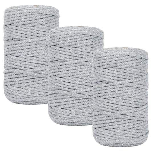 Macrame Cord 3mm x 164 Yards, 3 Rolls Gray Colored Macrame Cotton Cord Rope Kit Macrame Yarns Bulk String 4 Strands Twisted for Wall Hanger Plant Hanging DIY Crafts Knitting Macrame Supplies