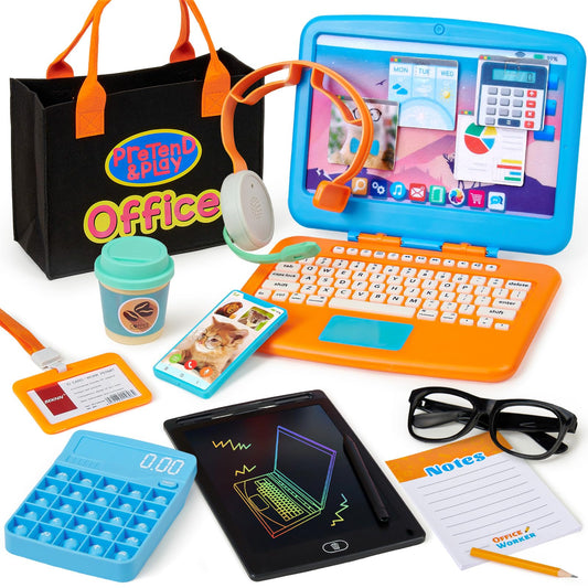 Cleboen Pretend Play Home Office Set for Kids — Toy Laptop Computer, LCD Writing Tablet, Pop Fidget Calculator, Phone, Headset, Glasses, Coffee Cup & Handbag, Birthday Gifts for Boys Girls Age 3-5-7