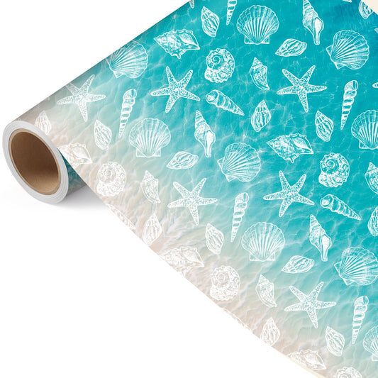 Beach Seashell Wrapping Paper Roll - 17Inch x 16.5Ft - Ocean Themed Gift Wrap Paper, Sea Shell Printed Gift Packing Supplies for Coastal Wedding Summer Beach Birthday Party Crafts Decorations