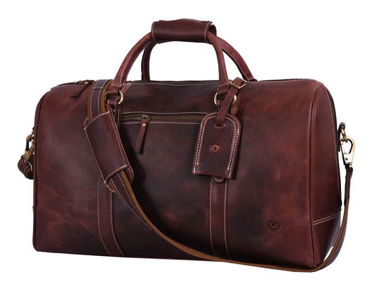 Aaron Leather Duffle Bag for Men & Women, 30L Travel Overnight Weekender Garment Duffel Bags, Carry On Mens Weekend Bag for Business, Traveling, Luggage Bag - Walnut