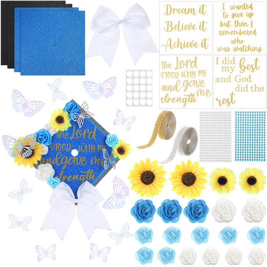 Gersoniel 45 Pcs DIY Graduation Cap Decorations Kit with Faux Flower Heads Graduation Quote Glitter Sticker Bow 3D Butterfly Rhinestone Pearl Stickers for Grad Cap Topper Art Craft Gift Decor(Blue)