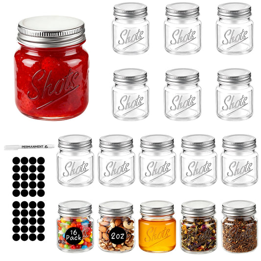 WYIPOLZI 16 Pcs 2 Oz Mini Mason Jars Bulk with lids, Small Shot Bottles Clear Shooter Glass for Bars, Storage Containers for Jam Honey Spice Candy DIY Crafts