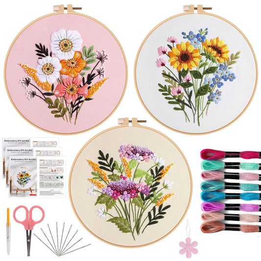 Offizon 3 PCS Embroidery Kit for Beginners - Cross Stitch DIY Craft Set, Flower Embroidery Accessories & Hoop Included, Hand Embroidery Kit for Adults Stitching Sewing Kit Gift | FlowerB Patterns