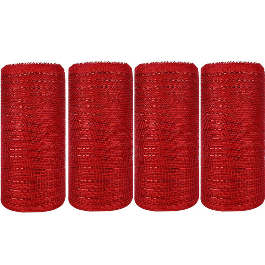 JStnana Red Deco mesh 6 inch, 4 Rolls Christmas Mesh Ribbon 30 Feet Each Roll Metallic Foil Decorative Mesh Rolls Fabric DIY Craft Wreath Making Supplies for Chirstmas Wreath Swags Home Party Decor
