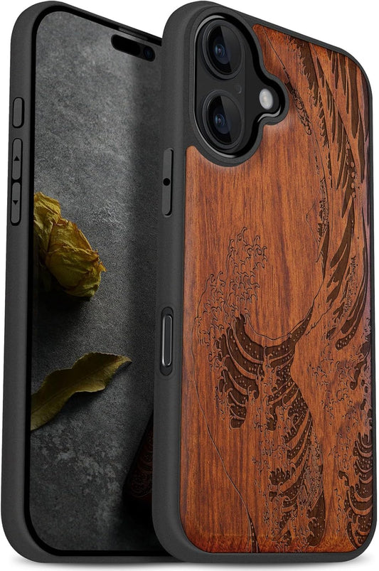 Carveit 17 Magnetic Wooden Case for iPhone Case, Wood Artisan Engraved & Black Soft TPU Shockproof Cover, Compatible