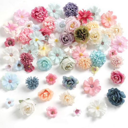 rongflower Faux Flower Heads Mini Charming Color Artificial Flower Heads Fake Peony Daisy Rose Flowers Multicolor Small Silk Daisy Flower Heads for Craft Garland Wedding Party DIY Home Decoration