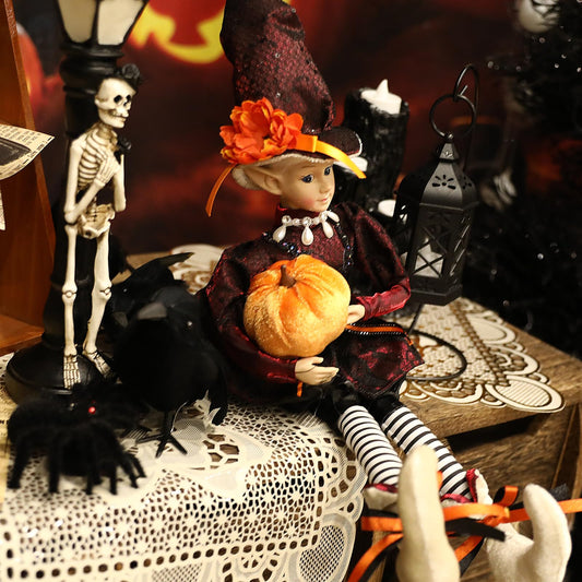 brableewear Halloween Fairy Elf Doll Posable Witch Sitting Doll Cute Elf Girl Holding Pumpkin Figurines Mantel Ornaments Home Decor