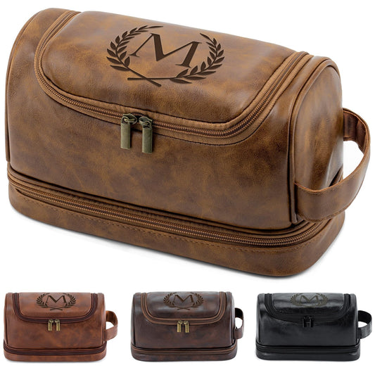 Aganmi Personalized Gifts Travel Toiletry Bag for Men Him, Laser-Engraved Initial PU Leather Waterproof Shaving Bag Christmas Birthday Gift for Men Dad Husband Boyfriend Groomsmen, Light Brown M