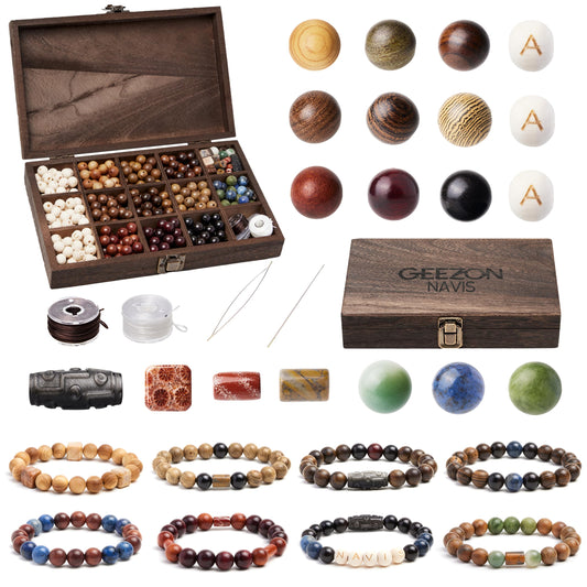 Geezon Navis Bracelet Making Kit - 10mm Natural Wooden Beads with Letters & Stone Beads - 296pcs in 16 Colors - DIY Jewelry Making Starter Kit Adult Men Women Birthday Gift Craft