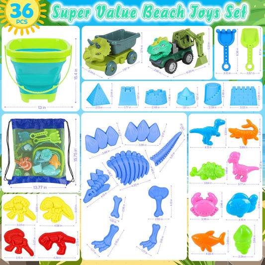 Beach Toys, 36Pcs Dinosaur Sand Toys for Kids Toddlers, Sandbox Toys with 2 Truck, Collapsible Beach Bucket, Mesh Bag, Sand Molds, Sand Castle Building Kit, Travel Beach Toy for Kids Toddlers Ages3-12