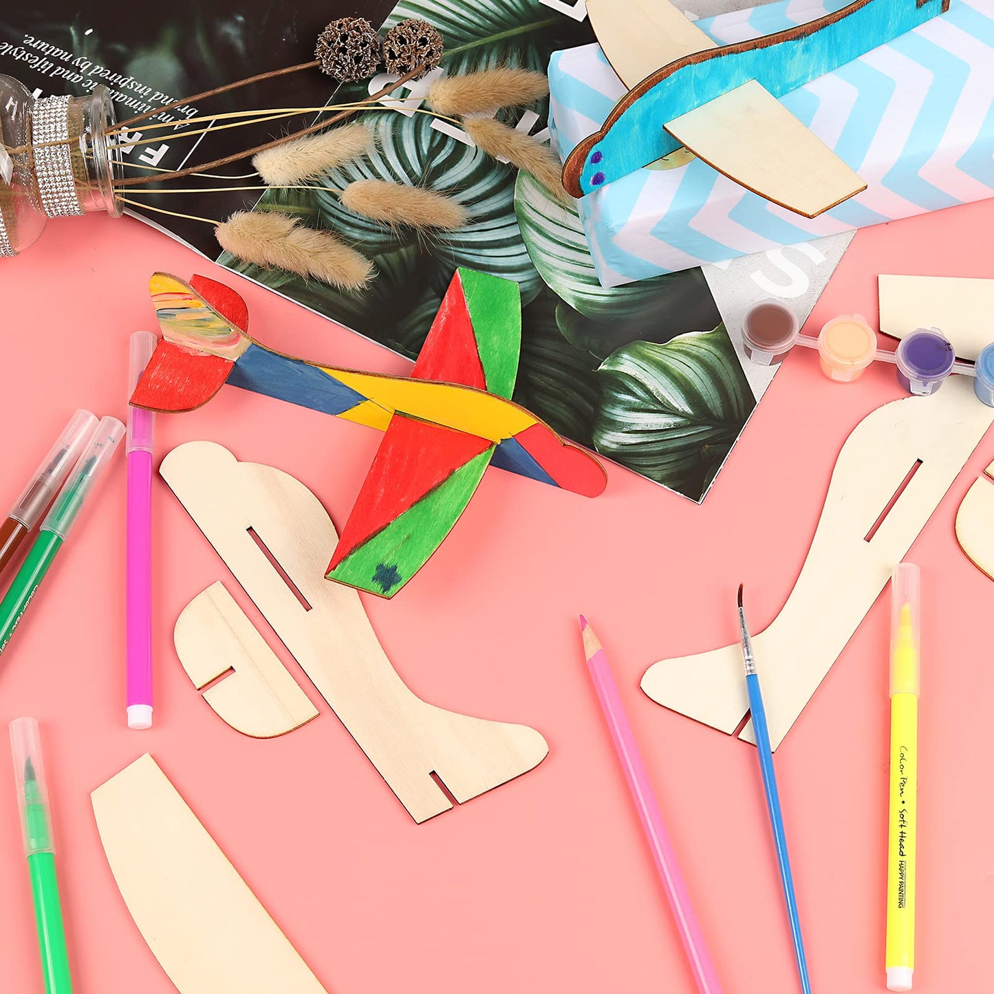 BAPHILE 12 Pack DIY Wood Planes，Mini Airplane Paint and Decorate Wooden Airplane Craft Kits with Decorate Tools for Kids School Craft Decor Projects