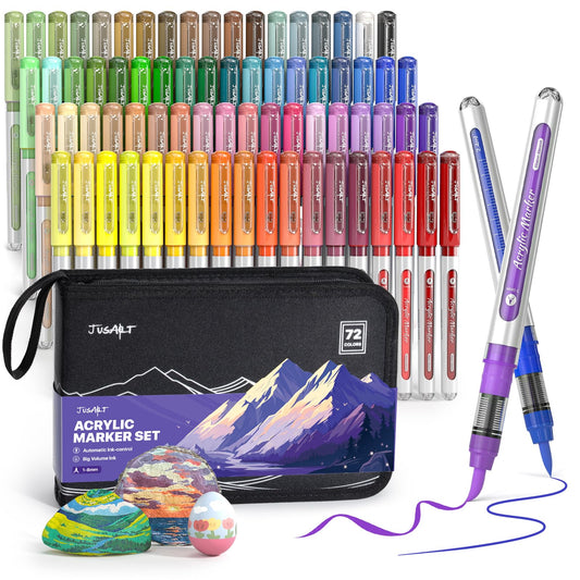 JusArt 72 Colors Acrylic Paint Markers with Canvas Bag, Water-Based No-Bleed Paint Pens with Automatic Ink Control, Waterproof Brush Tip Markers for DIY Art & Crafts -Fabric, Rock, Wood, Glass, Metal