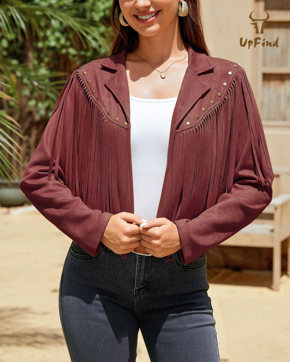 UpFind Women's Fringe Faux Suede Leather Jackets Fashion Fall Western Tassel Motorcycle Cropped Open Front Coats with Rivets, Wine Red/Large