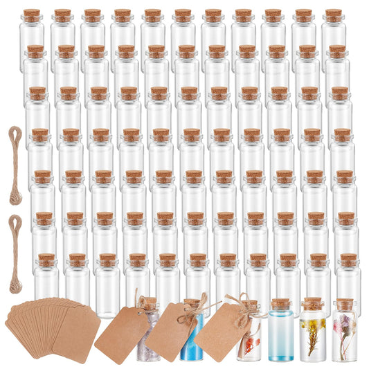 INTERWARM 200 Pcs Clear Glass Bottles with Cork Stoppers, 0.34oz Mini Glass Vials with Label Tags and String for Crafts Home Decorations Wishing Bottles for Wedding Party Supplies