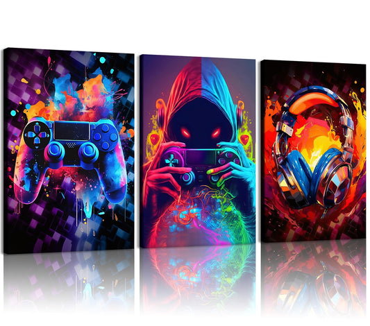LYYGLYY 3Pcs Framed Cool Gaming Canvas Wall Art, Neon Video Game Printed Wall Art, Gamer Bedroom Artwork for Walls, Dazzling Headset Gamepad Poster Wall Decor for Gaming Room, Boys Room 12x16 Inches