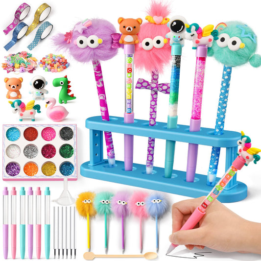 SNLN 50+ Accessories DIY Pen Making Kit, Pen Creator Studio, Making 12 Plush & Sparkly Pens, Creative Arts and Crafts for Kids Ages 5 6 7 8 Birthday Gifts for Kids Tweens Girls 9 10 11 12 Years