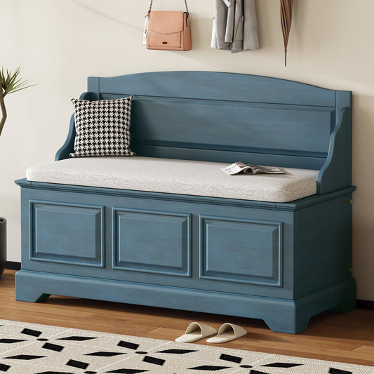 Knocbel Rustic Entry Storage Bench with Hidden Compartments and Removable Cushion, Wooden Entryway Hallway Foyer Shoe Bench Bedroom End of Bed Bench (Antique Navy and Beige)