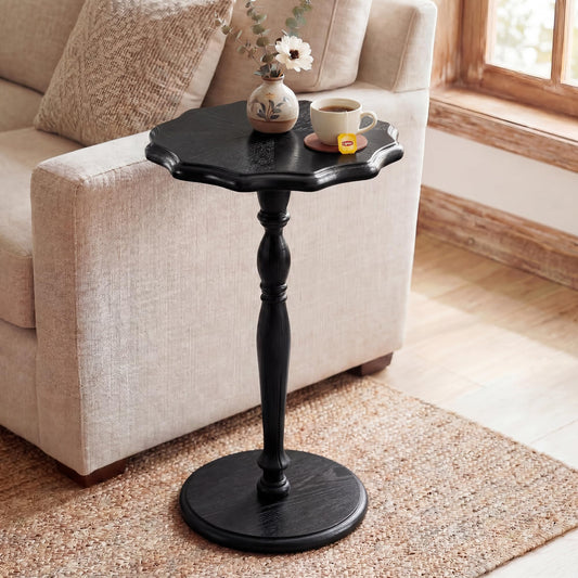 STO'SENSE Black Round Side Table, Drink Table for Small Spaces,Modern Accent Nightstand w/Solid Wood Leg, Mid-Century Pedestal Sofa Table w/Classic Sculpted Design for Living Room,Tool-Free Assembly