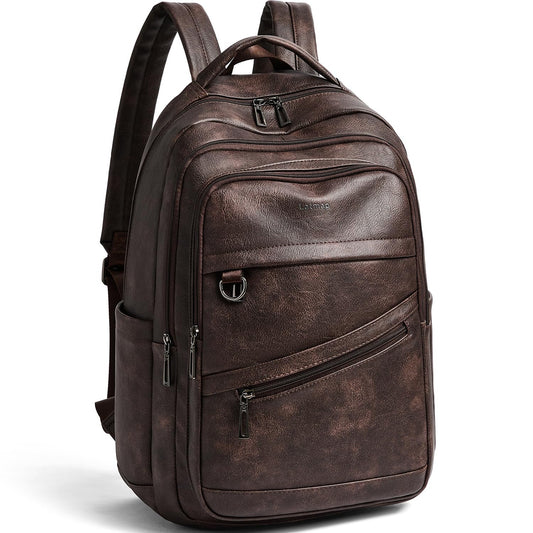 LATMAP 43L Backpack for Women Men - Vegan Leather Backpack Purse Travel Carry-on Bag College Bookbag Work fits 17" Laptop, Coffee