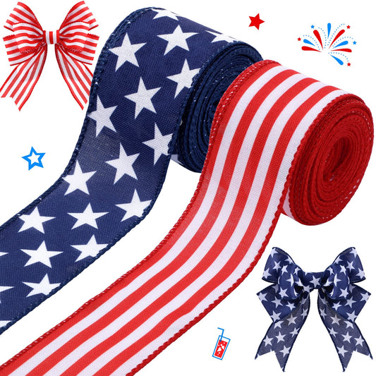 Hoteam 250th Anniversary 2 Rolls 20 Yard Red White and Blue Ribbon Patriotic Star and Striped Wired Royal USA Ribbon DIY Crafts for Xmas Holiday Decor(2 Inch,Red, Beige, White, Blue)
