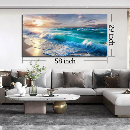 GUGIKA Ocean Wall Art for Living Room, Blue Wave and Large Coastal Beach Canvas Wall-Decor for Bedroom, Gold Sun Scenery Pictures for Hallway Office, Size 59 x 29 Inches