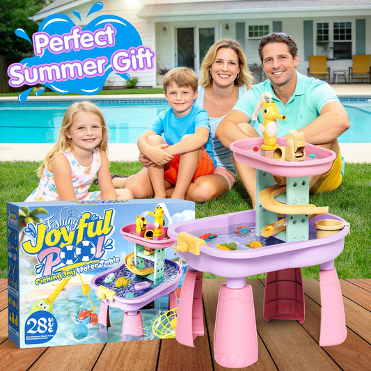 CRATIVWOOD Toddler Water Table for Kids - Sand and Water Table with 28PCS Toy Accessories & Rain Shower Sprinkler, Outdoor Sensory Water Play Table, STEM Toy Summer Gift for Boys Girls Ages 3-8