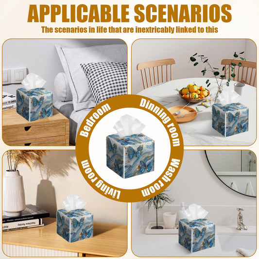 Blue Butterfly Tissue Box Cover 2PCS, Marble Leather Tissue Box Holder Square Facial Paper Case Tissue Box Cube Organizer for Bathroom Bedroom Desk Office