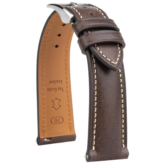 Gomvadr Vintage Genuine Top Grain Leather Watch Strap Quick Release, 18/19/20/21/22/24mm, Silver/Black Buckle, Universal Fit Unisex for Daily Wear (Coffee Brown with Silver Buckle, 18mm)