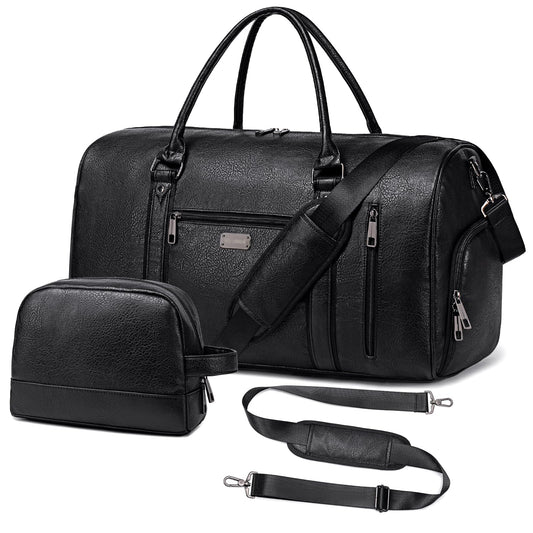 Large Travel Duffel Bag for Women Men, Faux Leather Weekender Overnight Bag with Shoe Compartment, Waterproof Carry On Bag with Toiletry Bag, Travel Tote Bag Gym Bag (Black)