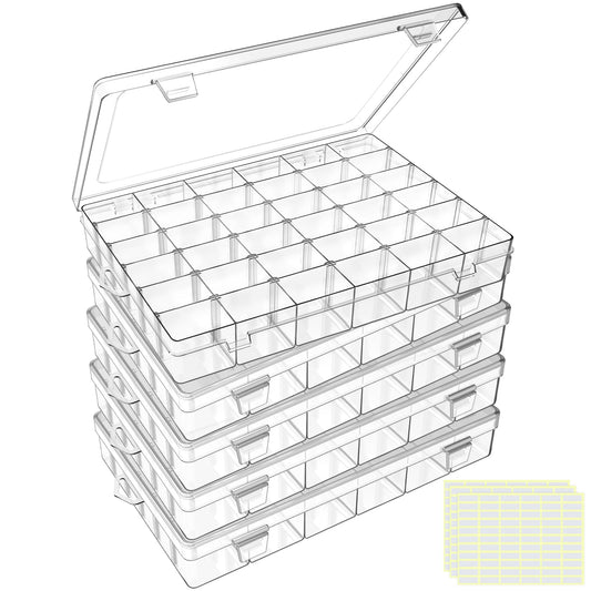 DILIBRA 5 Pack 36 Grids Large Plastic Organizer Box with Adjustable Dividers, Clear Craft Organizers Bead Organizers with Label Stickers, Compartment Container for Beads Crafts Jewelry Fishing Tackles