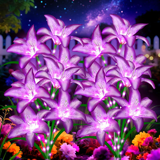 Solar Lights Outdoor, Gift for Women Mom Grandma Wife Daughter, 4 Pack 16 Solar Purple Lily Flower Lights Solar Flower Light Waterproof, Outside Decor Stake Light for Landscape Yard Patio Lawn Garden