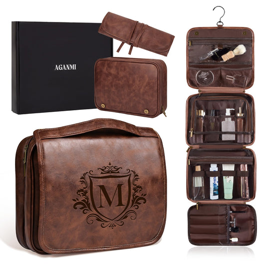 Aganmi Personalized Hanging Toiletry Bag Travel Gifts for Men Him, 3-in-1 Large Laser-Engraved Initial Waterproof PU Leather Shaving Bag Valentines Birthday Gift for Men Dad Husband Reddish Brown M