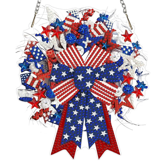 GHHKUD Diamond Art Hanging Patriotic Wreath Bows Kits for Adults, DIY 5D Diamond Art Craft Painting 4th of July Independence Day, Special Shaped Acrylic Pendants for Window Home Garden