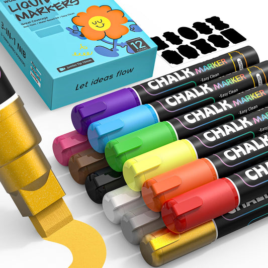 WUO 12 Colors Liquid Chalk Markers, 10mm Jumbo 3-in-1 Nib Window Chalk Markers, Washable Chalkboard Markers for Glass, Windows, Blackboards, Mirrors, Bistro Signage, and DIY Art Crafts