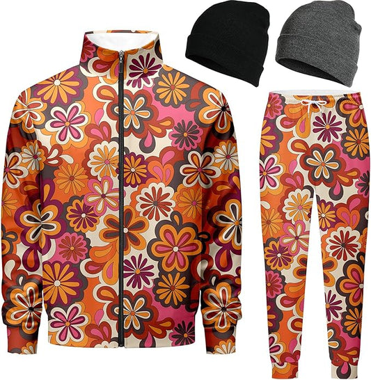 DOOPCCOR Men Track Suits Sets 80s outfit for men tracksuits sweatsuits 2 Piece sets Zip Casual Jogging 2 Knit Beanie