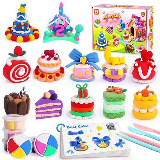 Air Dry Clay Kit, 12 Cake Modeling Clay for Kids, Molding Clay Set with Sculpting Tools and Tutorial, Ultra Light, Safe & Non-Toxic, Arts and Crafts School Projects, Home Party Favor for Boys Girls