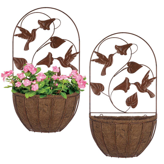 BAYN 2PKs Wall Hanging Planter Decor Art with Hummingbirds, Metal Wall Mounted Planters Indoor Outdoor Wall Planter for Succulent Herb Home Garden Yard