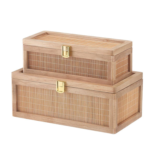 HuiDao Natural Bamboo Decorative Box with Lids, Unique Decorative Boxes Set of 2, Boho Wedding Keepsake Box, Memory Box with Lid for Crafts, trinkets and Photo Storage