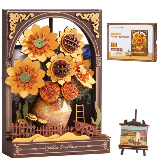 ROBOTIME Wooden Flower Golden Sunflower Building Sets for Adult with Lights TH002, Van Gogh Wall Art Crafts, Painting Frame Room Decor, Valentine's Day/Anniversary/Birthday Gifts for Women, 266PCS