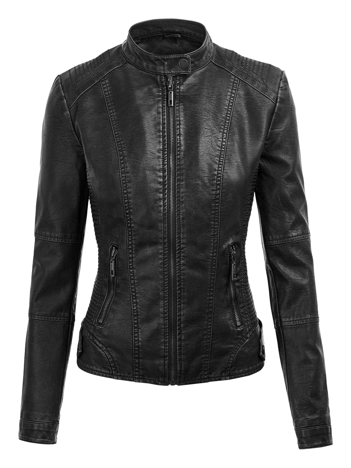 Made By Johnny MBJ WJC1044 Womens Faux Leather Quilted Motorcycle Jacket with Hoodie M Black