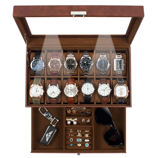 GUKA Watch Box 12 Slot Watch Display Organizer Leather Jewelry Case Drawer Glass Birthday for Men Women, Child Husband Dad GK-012-BROWN-LED-24