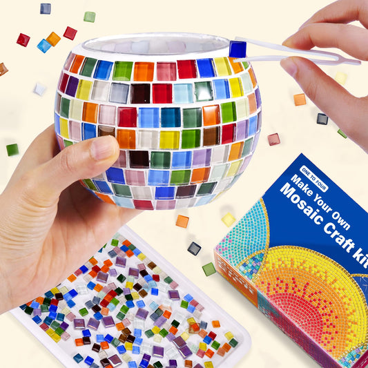 ONE TO FOUR Kids Craft Kit Mosaic Stained Glass Candle Holder - DIY Arts and Crafts for Kids Ages 8-12 & Adults, Turkish Night Light Making Kit, Ideal Home Decor Gift for Birthdays, Easter