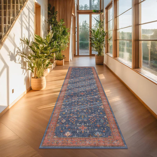 Skiennix Washable 10 Ft Long Hallway Runner Rug - Navy Blue, Pet-Friendly & Waterproof with Non-Slip Rubber Backing