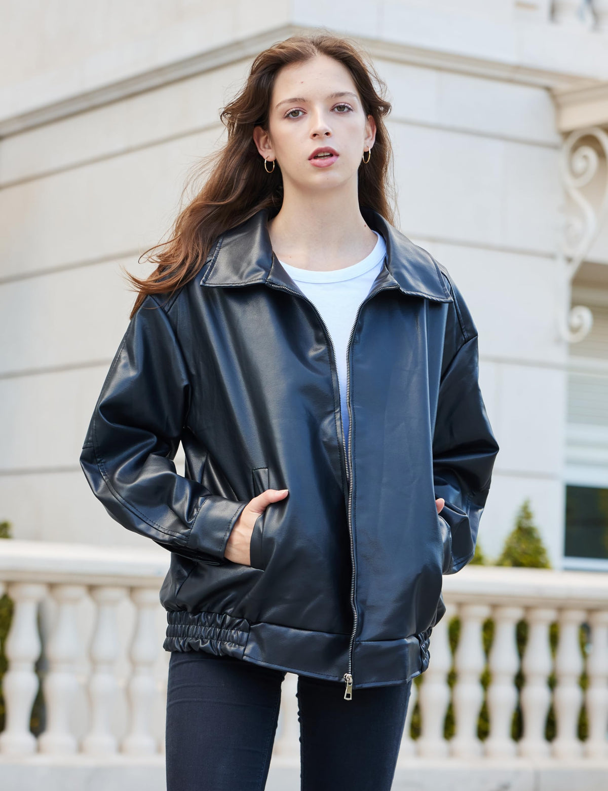 FSVABY Womens Oversized Faux Leather Motocycle Black Jacket Zip Up Outwear Coat with Pockets (Black, Medium)