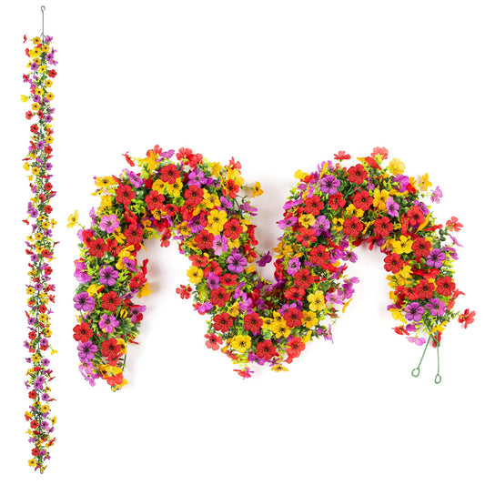 Artificial Flowers Garland Ivy, 4 Pack 5.9 FT Spring Summer Decor UV Resistant Fake Mums Floral Vine Silk Daisy Hanging Flower for Home Garden Wedding Decor Photo Booth Backdrop(Red purple yellow)