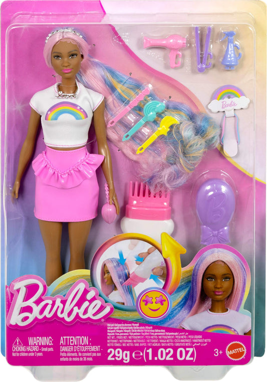 Barbie Rainbow Sparkle Hair Doll, Extra-Long and Colorful Hair with 12 Styling Accessories Like Glitter Tube, Brush, Clips, Dryer and More