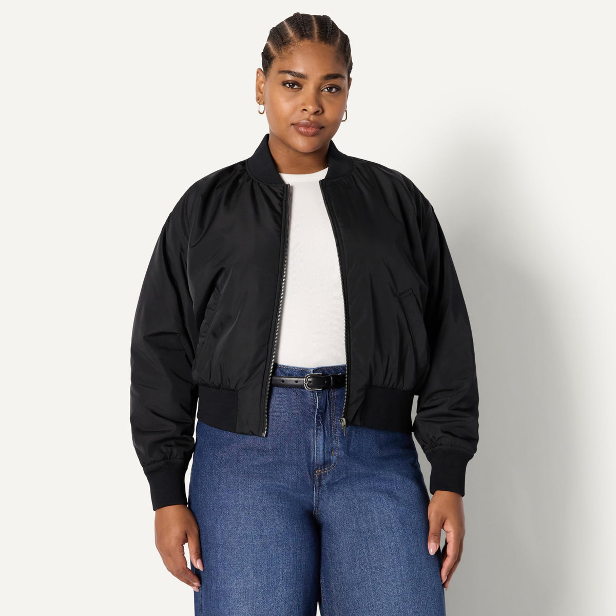 Amazon Essentials Women's Relaxed-Fit Denim Bomber Jacket, Black, X-Large