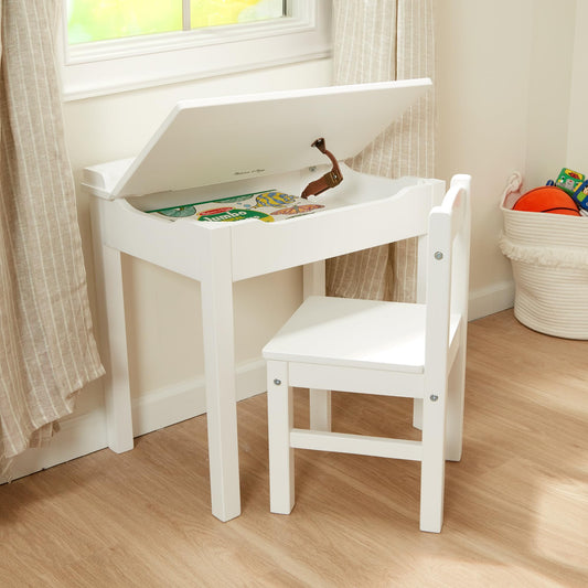 Melissa & Doug Wooden Child's Lift-Top Desk & Chair - White Play Desk and Chair Set for Toddlers and Kids Ages 3+