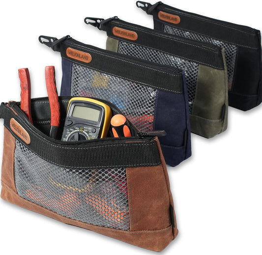 WELKINLAND 4 Piece-Pack Clear Tool Pouch, 12-Inch Tool Pouches, Heavy-Duty Waxed Canvas Zippered Tool Pouch, See-Thru Tool Pouches With Zipper, 4-Color Small Tool Bag